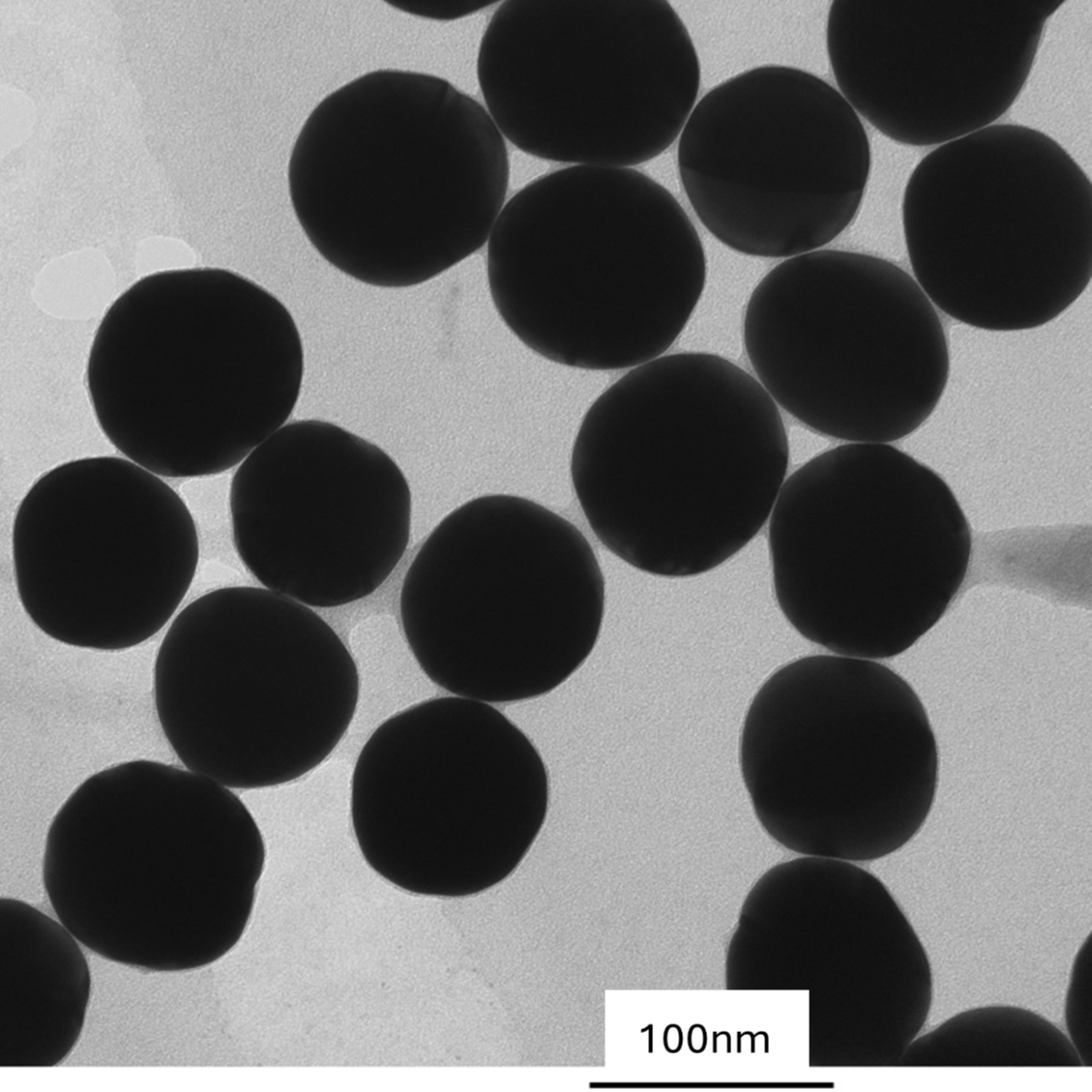 TEM overview of 90 nm gold nanospheres showing homogeneous dispersion and consistent particle size.