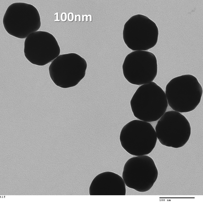 TEM overview of 100 nm IVD-READY gold nanospheres showing homogeneous dispersion and consistent particle size
