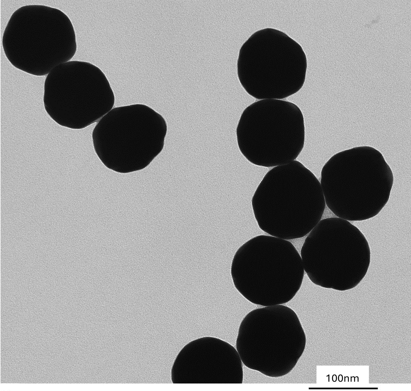TEM overview of 100 nm PEG-coated gold nanospheres showing homogeneous dispersion and consistent particle size.
