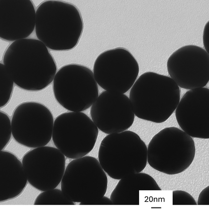 TEM image of a monolayer of 100 nm PEG-coated gold nanospheres used for size measurement and particle counting.
