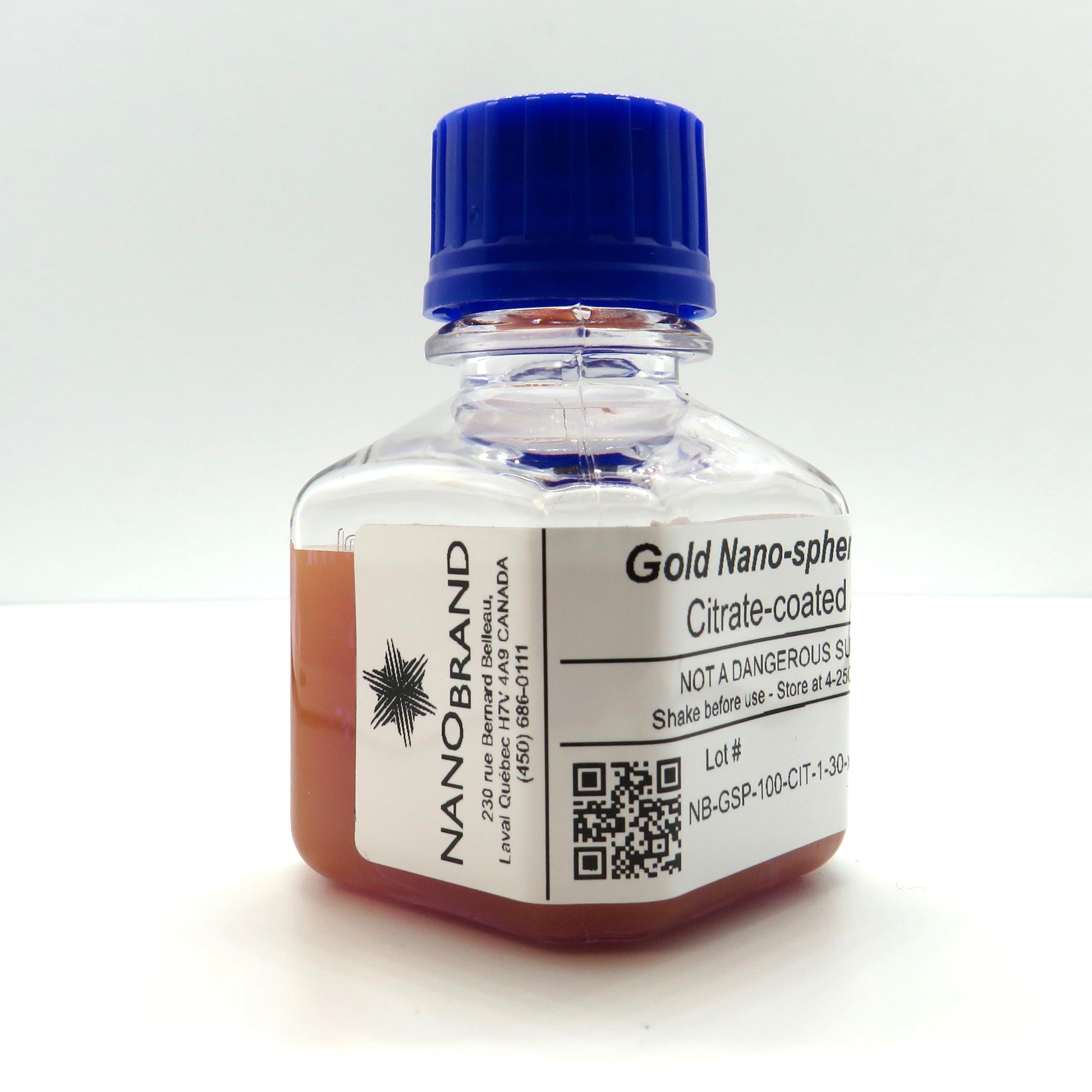 NanoBrand labeled bottle of 100 nm citrate coated gold nanoparticles ready for use.

