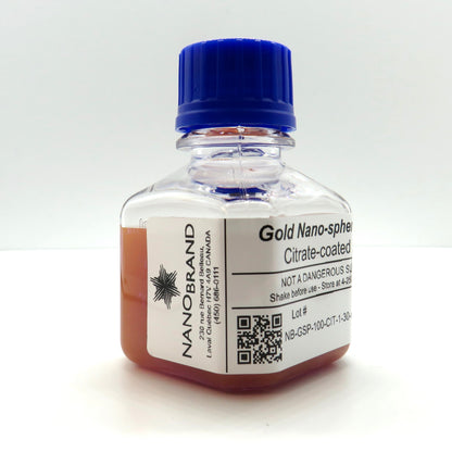 NanoBrand labeled bottle of 100 nm citrate coated gold nanoparticles ready for use.

