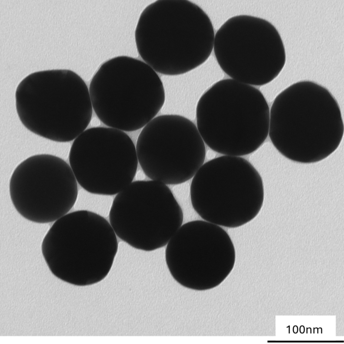 TEM image confirming absence of aggregates in the 100 nm gold nanoparticle sample, particles well separated on the grid.
