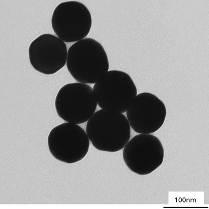 High magnification TEM image highlighting the smooth, spherical morphology of individual 100 nm gold nanoparticles.

