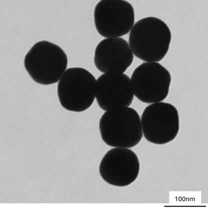 TEM image of a monolayer of 100 nm gold nanospheres used for size measurement and particle counting.
