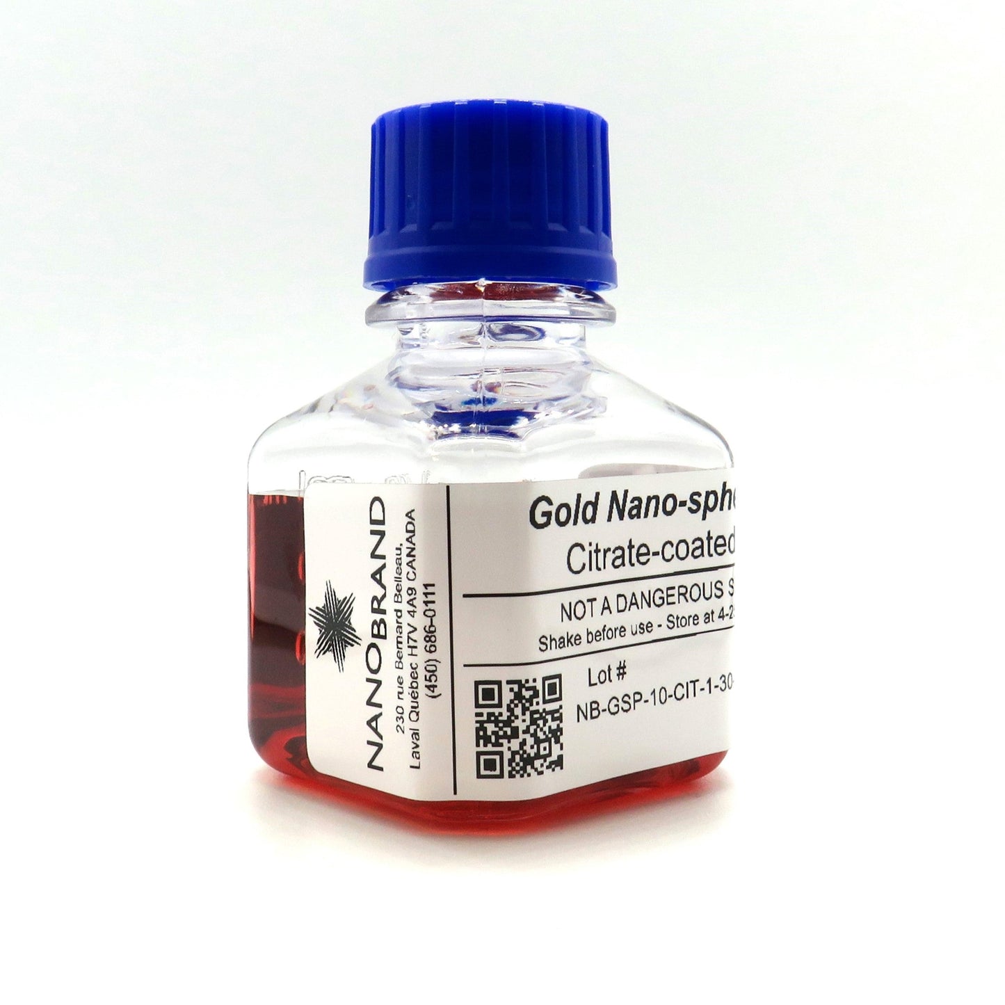 Labeled bottle of 10 nm citrate coated gold nanoparticles ready for use.

