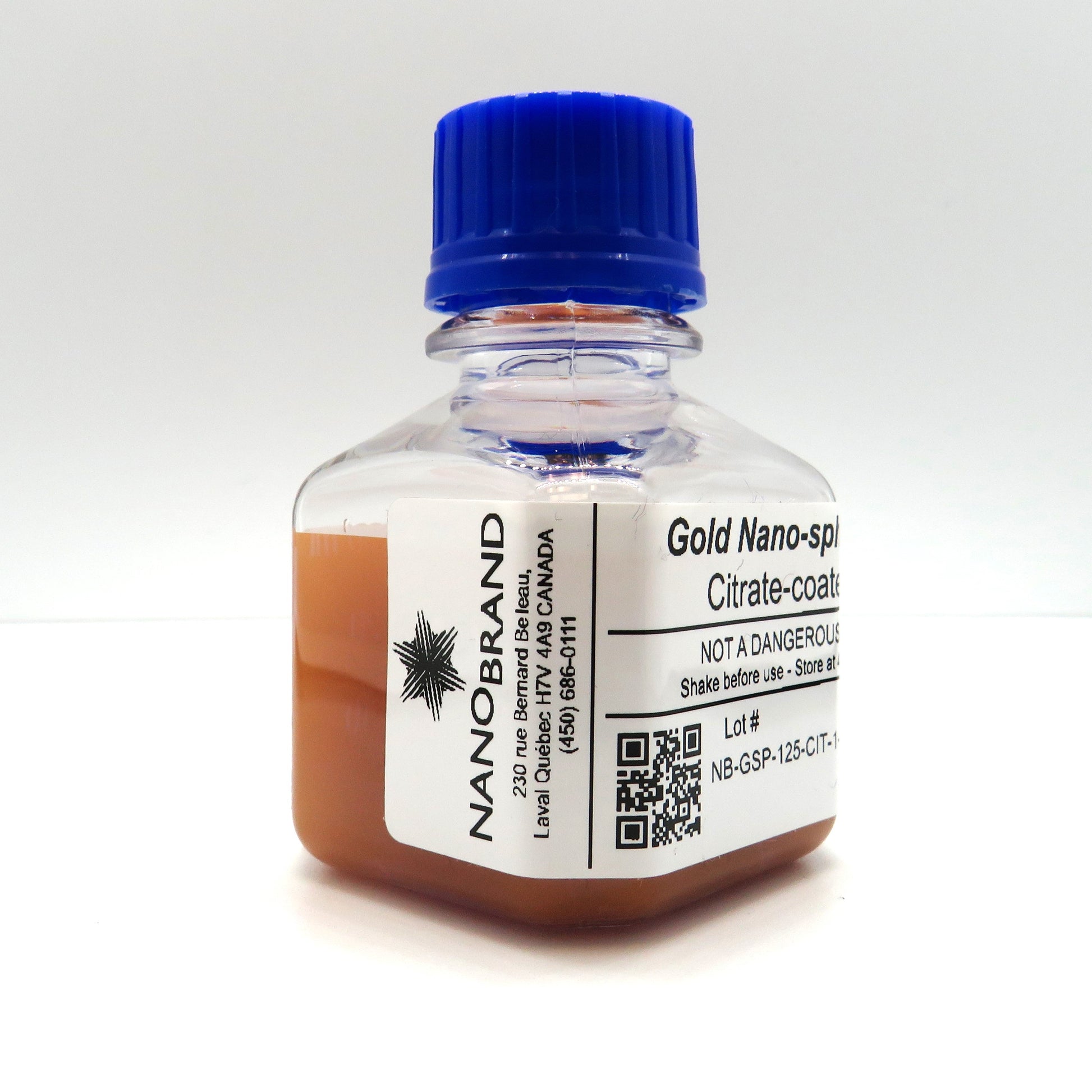 Labeled NanoBrand bottle of 125 nm citrate coated gold nanoparticles ready for use