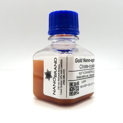 Labeled NanoBrand bottle of 125 nm citrate coated gold nanoparticles ready for use