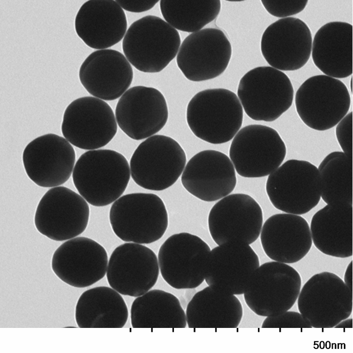 TEM overview of 125 nm gold nanospheres showing homogeneous dispersion and consistent particle size.