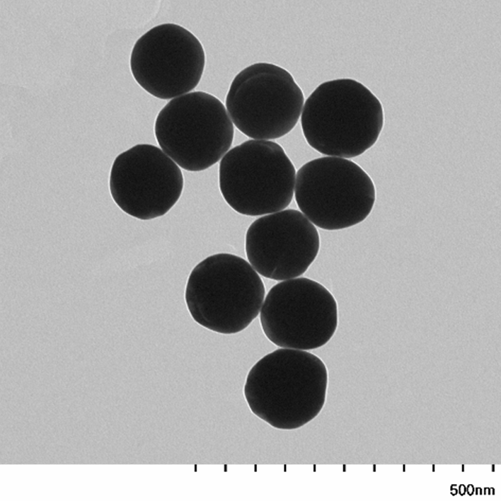 TEM image of a monolayer of 125 nm gold nanospheres used for size measurement and particle counting.