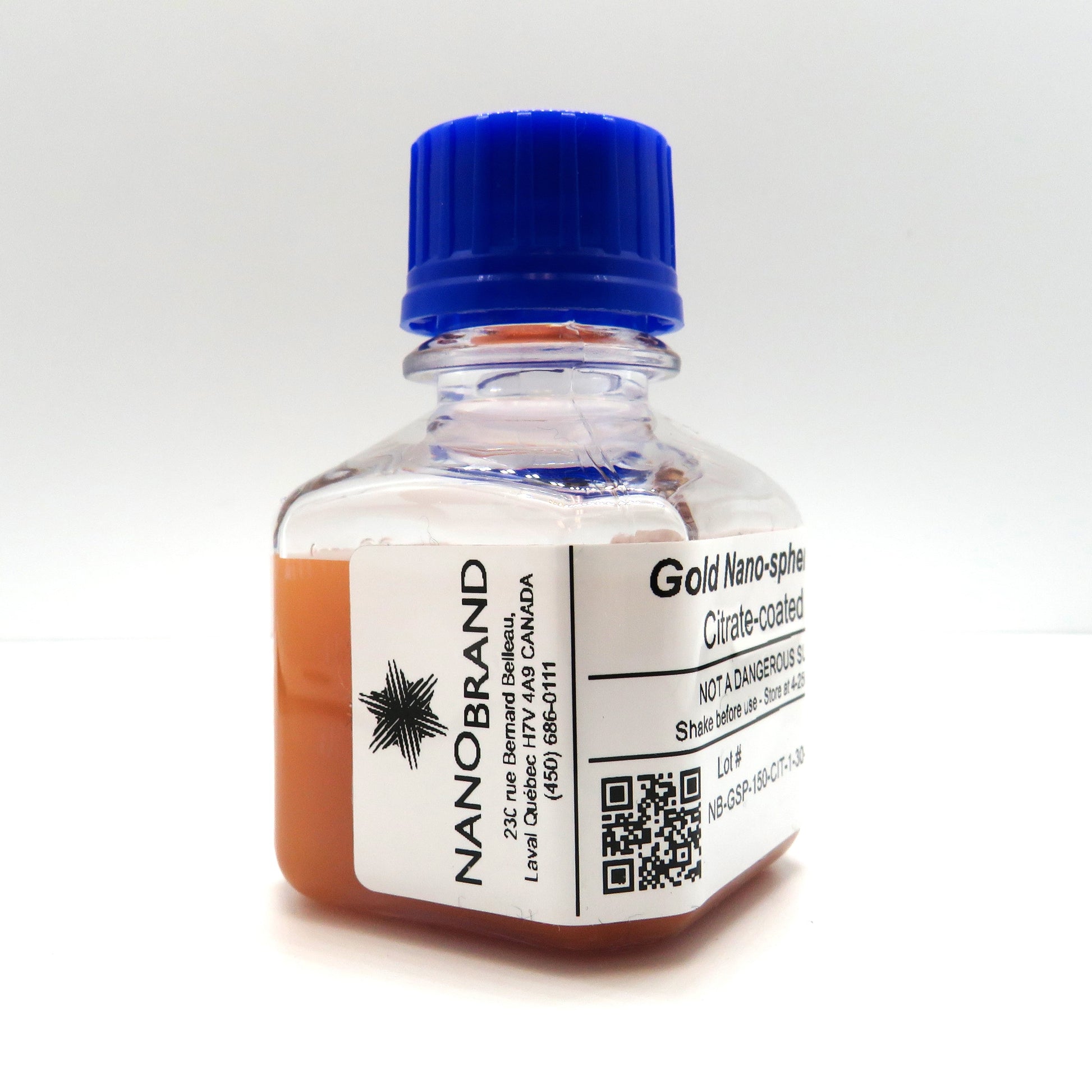 Labeled NanoBrand bottle of 150 nm citrate coated gold nanoparticles ready for use