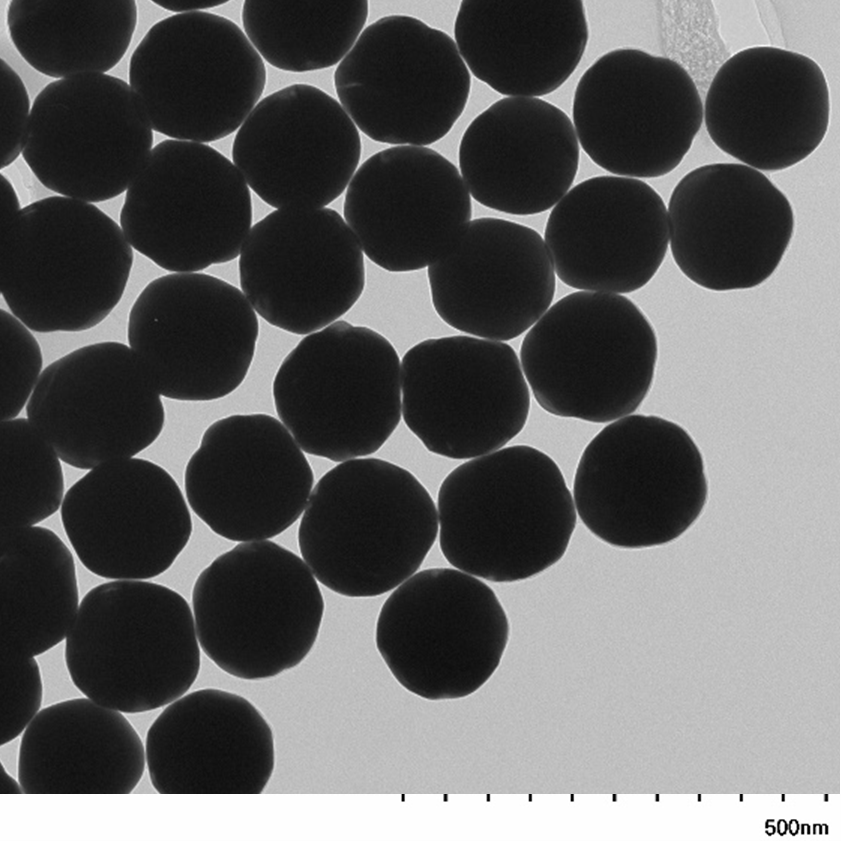 TEM image confirming absence of aggregates in the 150 nm gold nanoparticle sample, particles well separated on the grid