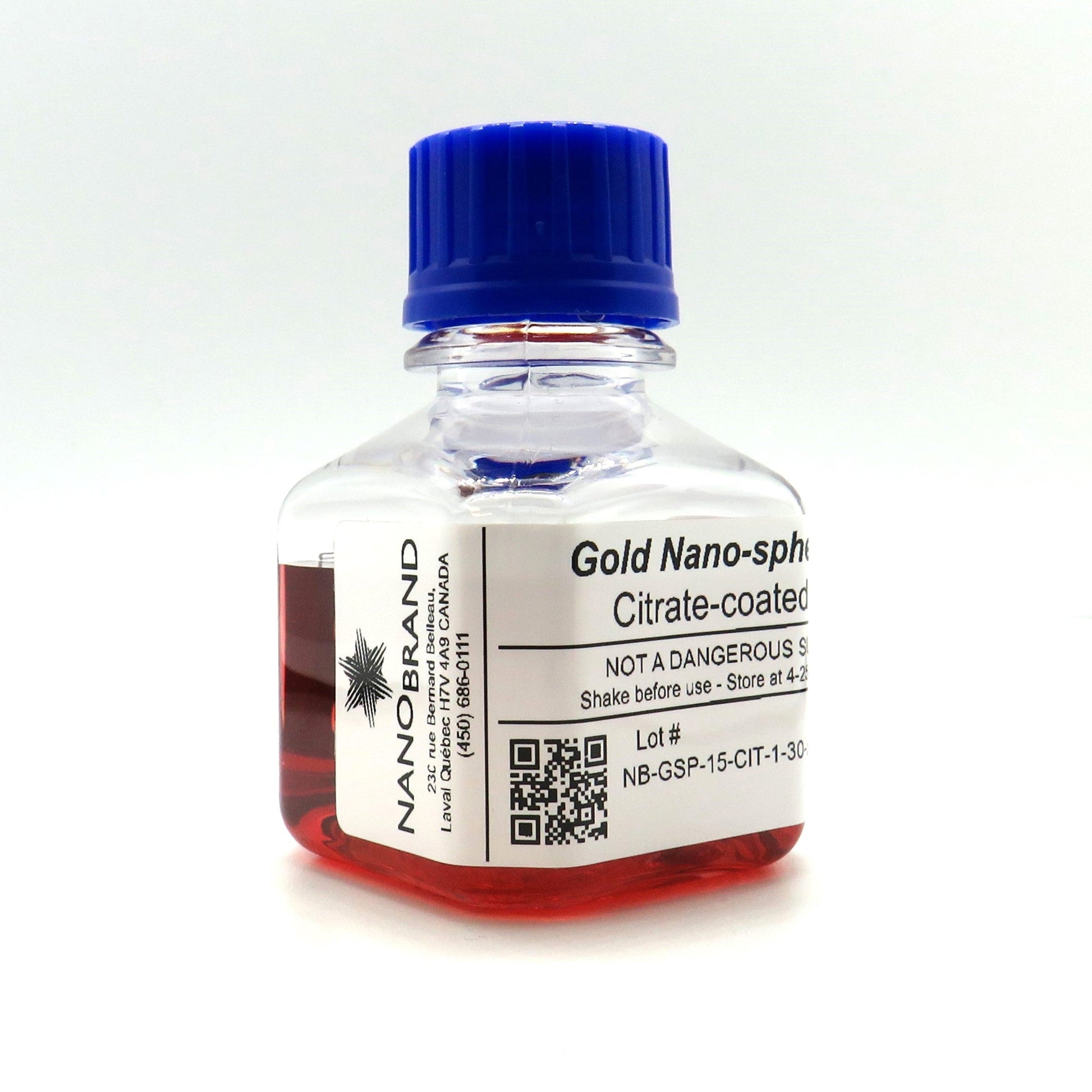 Labeled bottle of NanoBrand 15 nm citrate coated gold nanoparticles ready for use.

