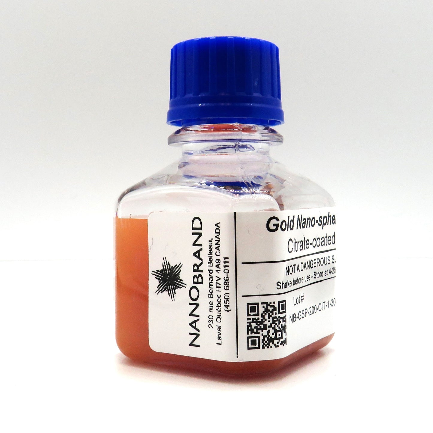 Labeled NanoBrand bottle of 200 nm citrate coated gold nanoparticles ready for use