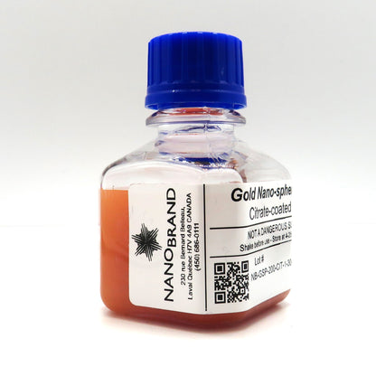 Labeled NanoBrand bottle of 200 nm citrate coated gold nanoparticles ready for use