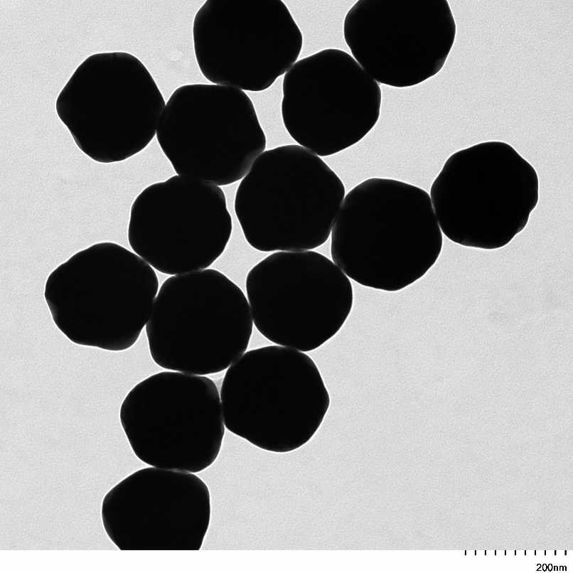 TEM image confirming absence of aggregates in the 200 nm gold nanoparticle sample, particles well separated on the grid