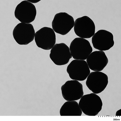 TEM overview of 200 nm gold nanospheres showing homogeneous dispersion and consistent particle size