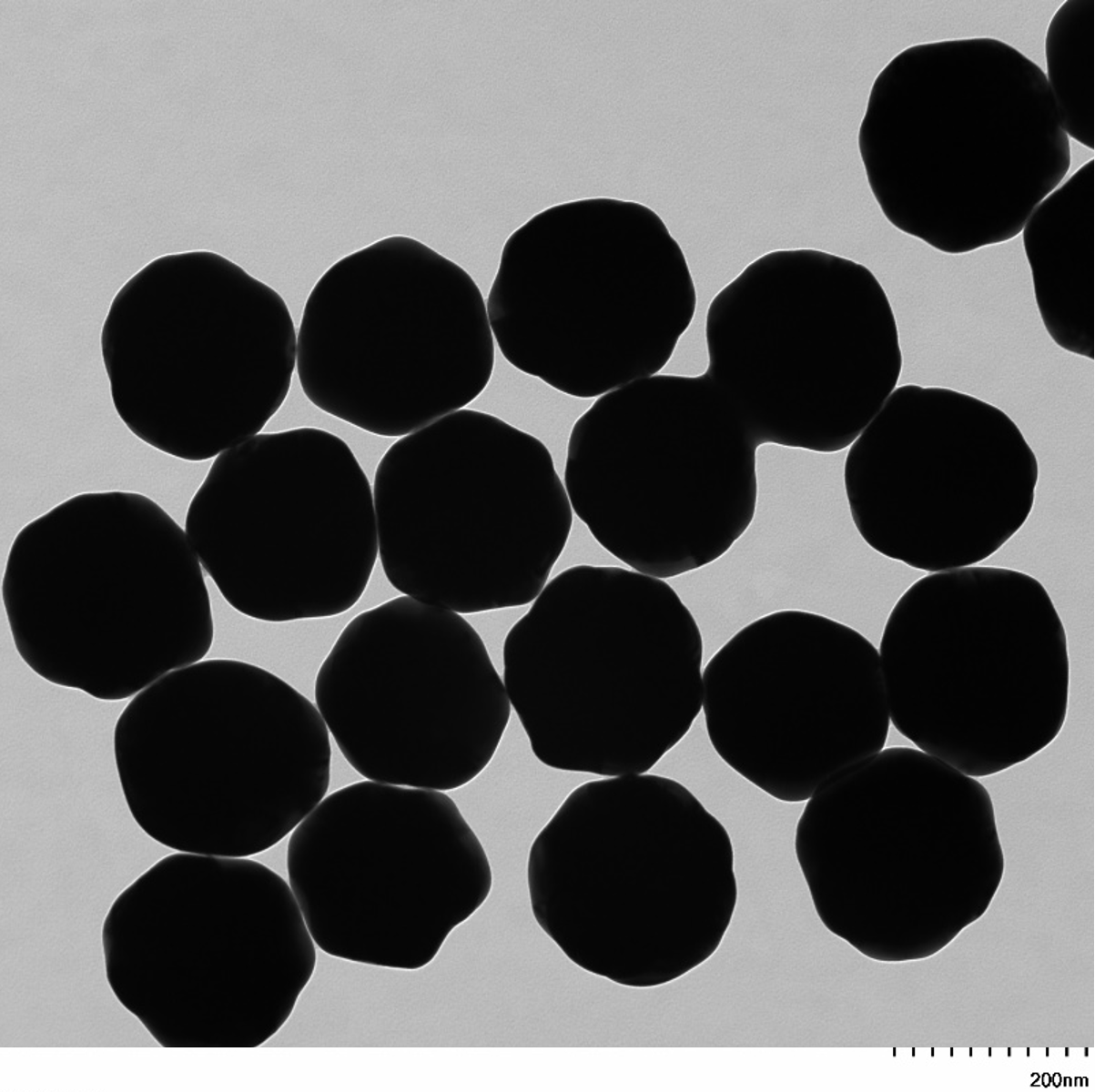 TEM image of a monolayer of 200 nm gold nanospheres used for size measurement and particle counting