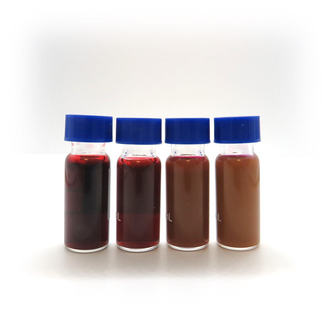 Unlabeled bottles containing 20, 40, 80 and 100 nm PEG coated gold nanoparticles.

