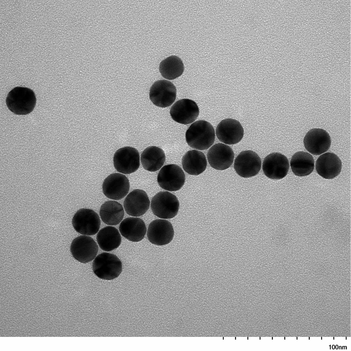 TEM image confirming absence of aggregates in the 20 nm PEG-coated IVD-READY gold nanoparticle sample, particles well separated on the grid