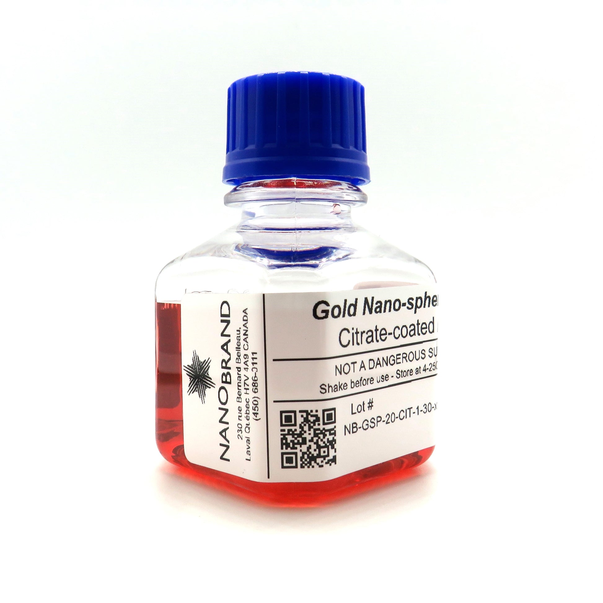 Labeled bottle of NanoBrand 20 nm citrate coated gold nanoparticles ready for use.

