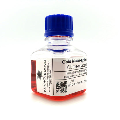 Labeled bottle of NanoBrand 20 nm citrate coated gold nanoparticles ready for use.

