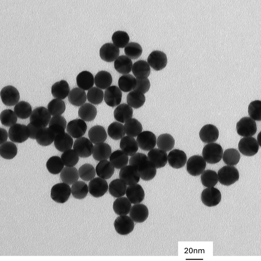 TEM overview of 20 nm gold nanospheres showing homogeneous dispersion and consistent particle size.

