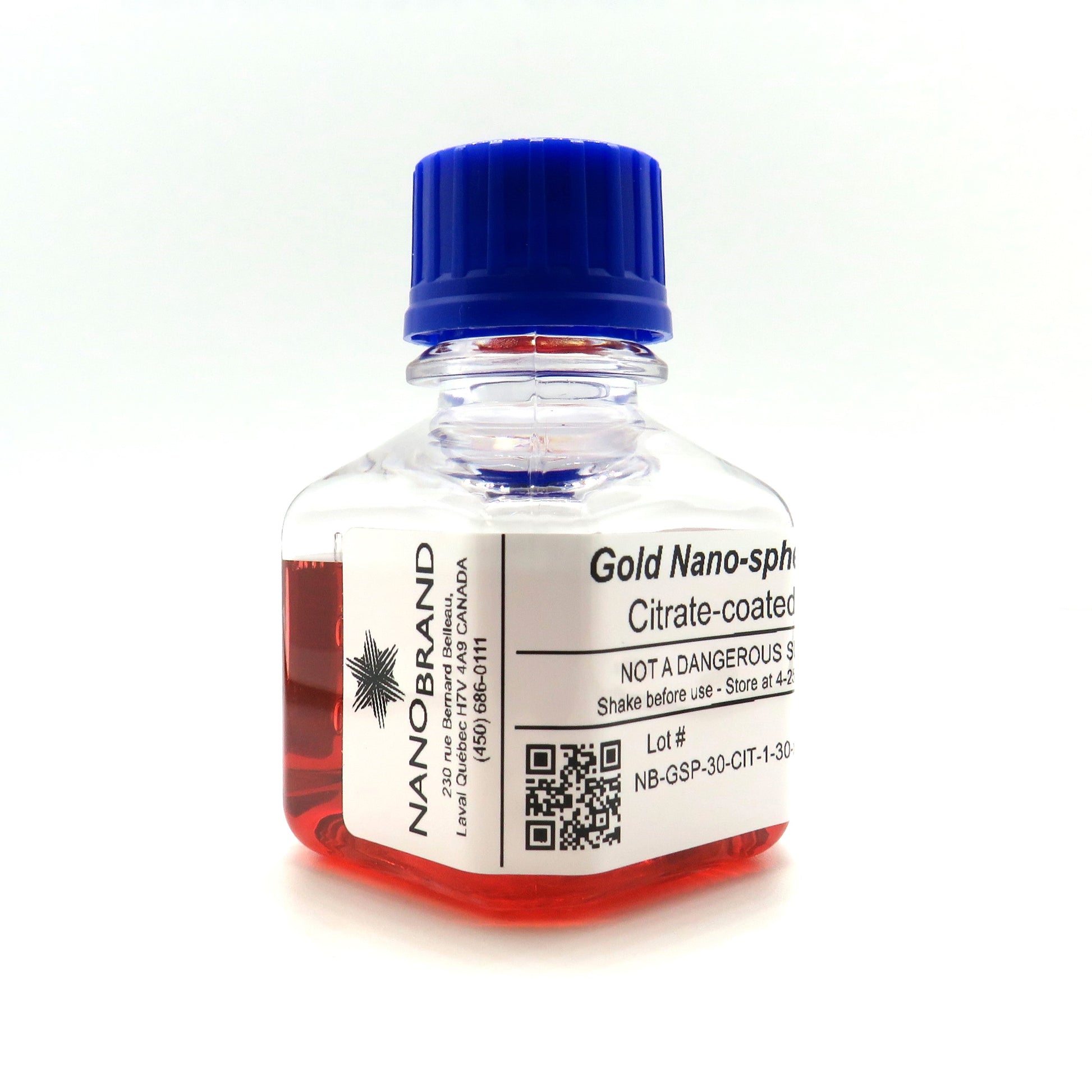 Labeled bottle of 30 nm citrate coated gold nanoparticles ready for use.

