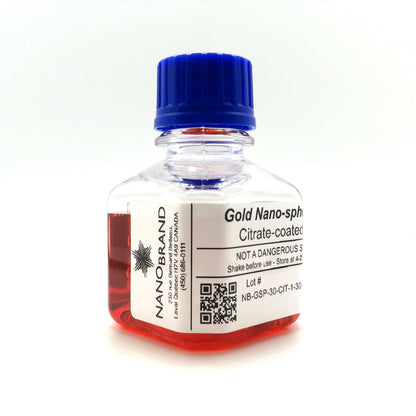 Labeled bottle of 30 nm citrate coated gold nanoparticles ready for use.


