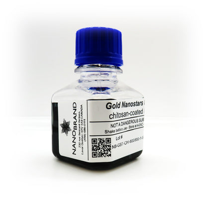 Labeled bottle of NanoBrand 30 nm gold nanostars ready for use.

