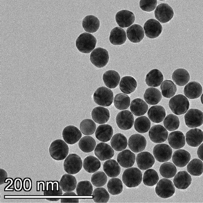 TEM image confirming absence of aggregates in the 40 nm PEG-coated gold nanoparticle sample, particles well separated on the grid.

