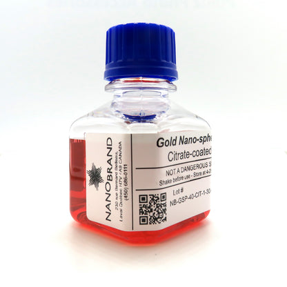 Labeled NanoBrand bottle of 40 nm citrate coated gold nanoparticles ready for use.

