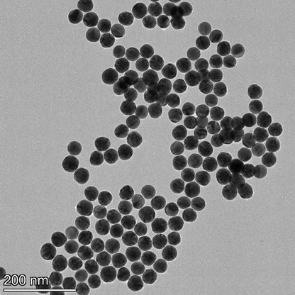 TEM overview of 40 nm gold nanospheres showing homogeneous dispersion and consistent particle size.


