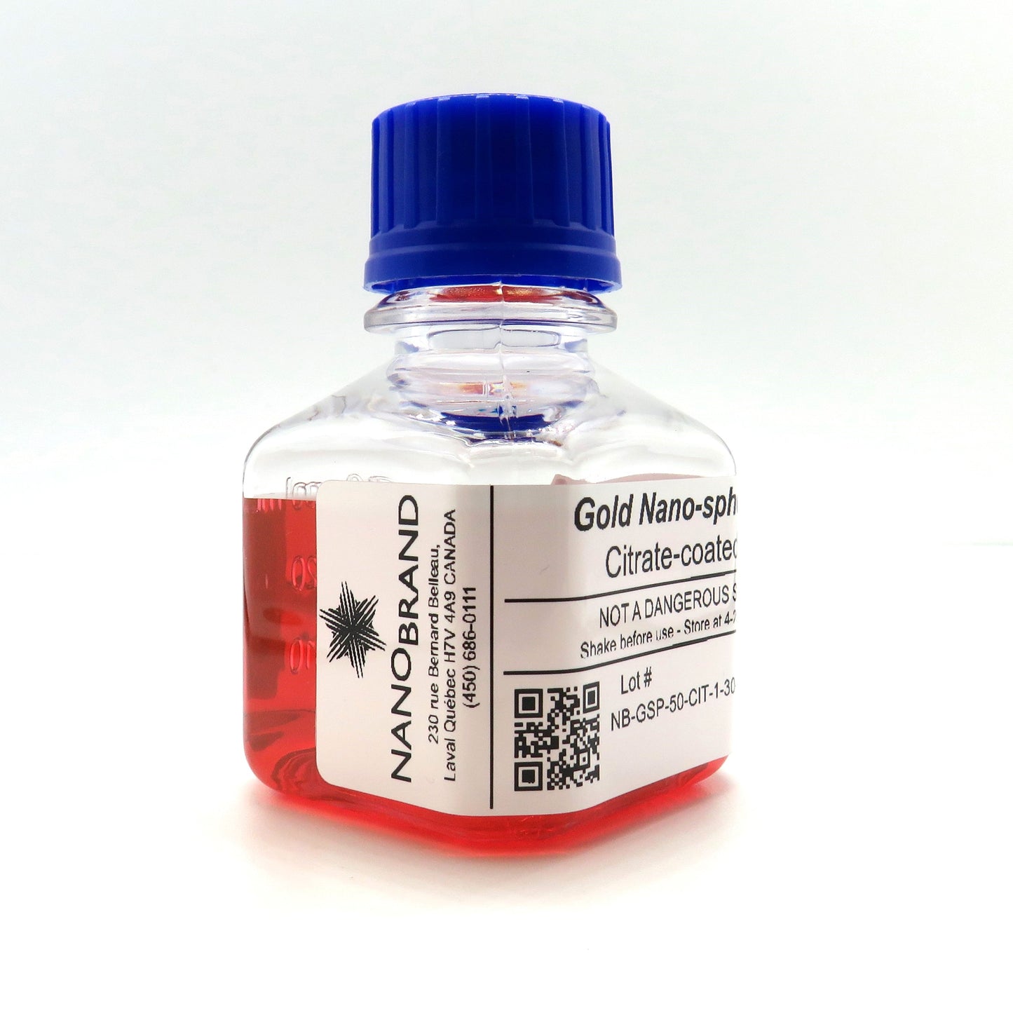 Labeled bottle of NanoBrand 50 nm citrate coated gold nanoparticles ready for use.

