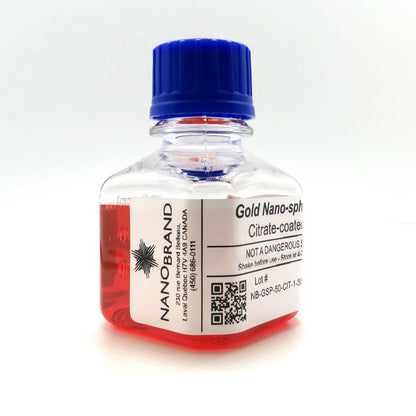 Labeled bottle of NanoBrand 50 nm citrate coated gold nanoparticles ready for use.

