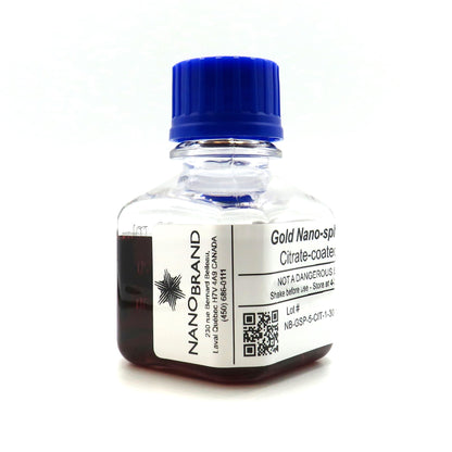 Labeled bottle of 5 nm citrate coated gold nanoparticles ready for use.

