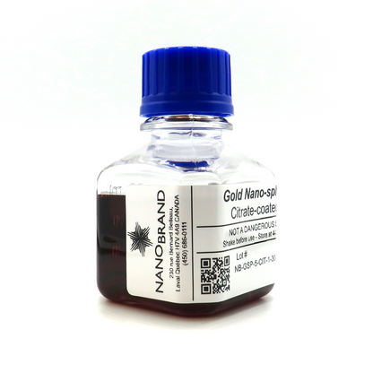 Labeled NanoBrand bottle of 5 nm citrate coated gold nanoparticles ready for use.
