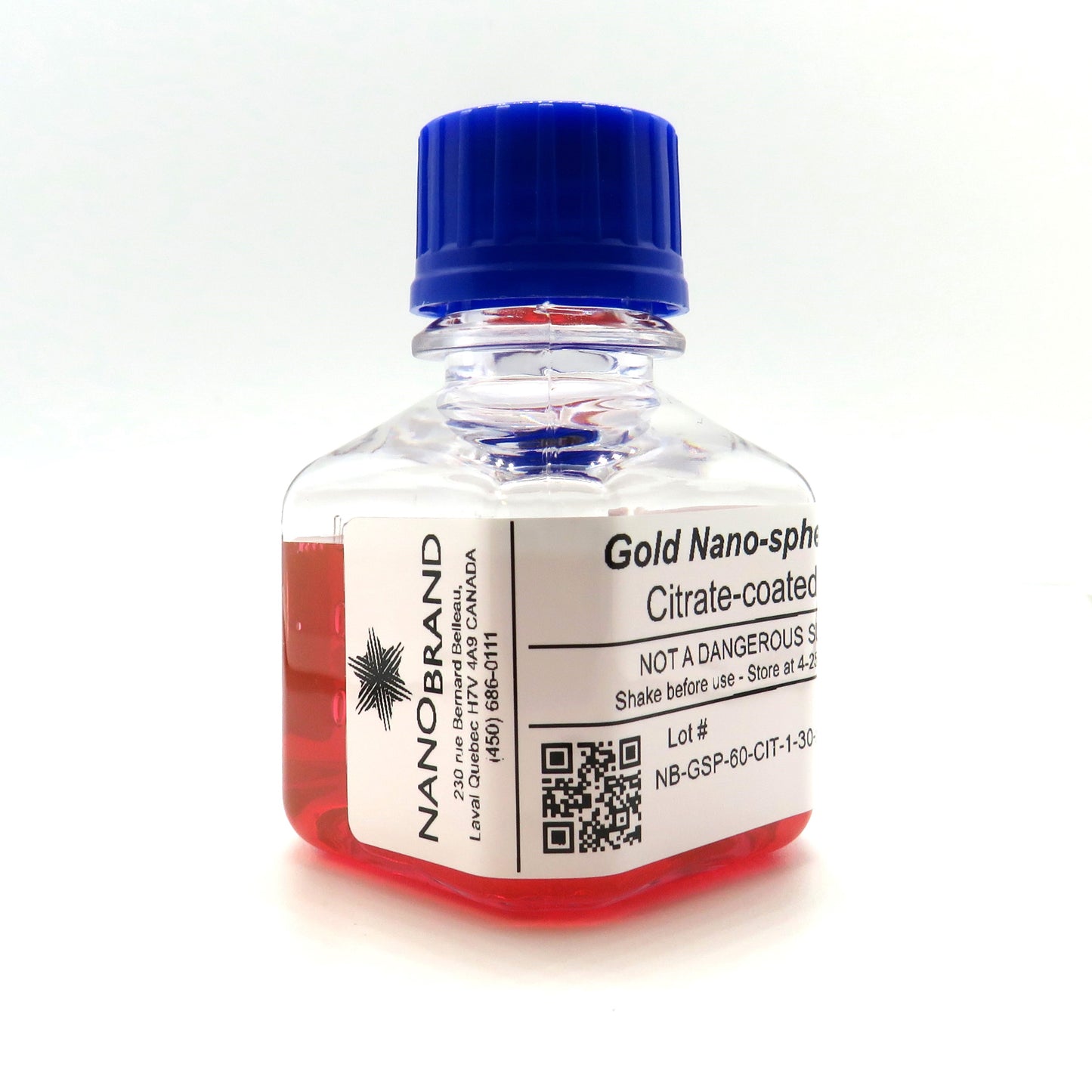 Labeled bottle of 60 nm citrate coated gold nanoparticles ready for use.


