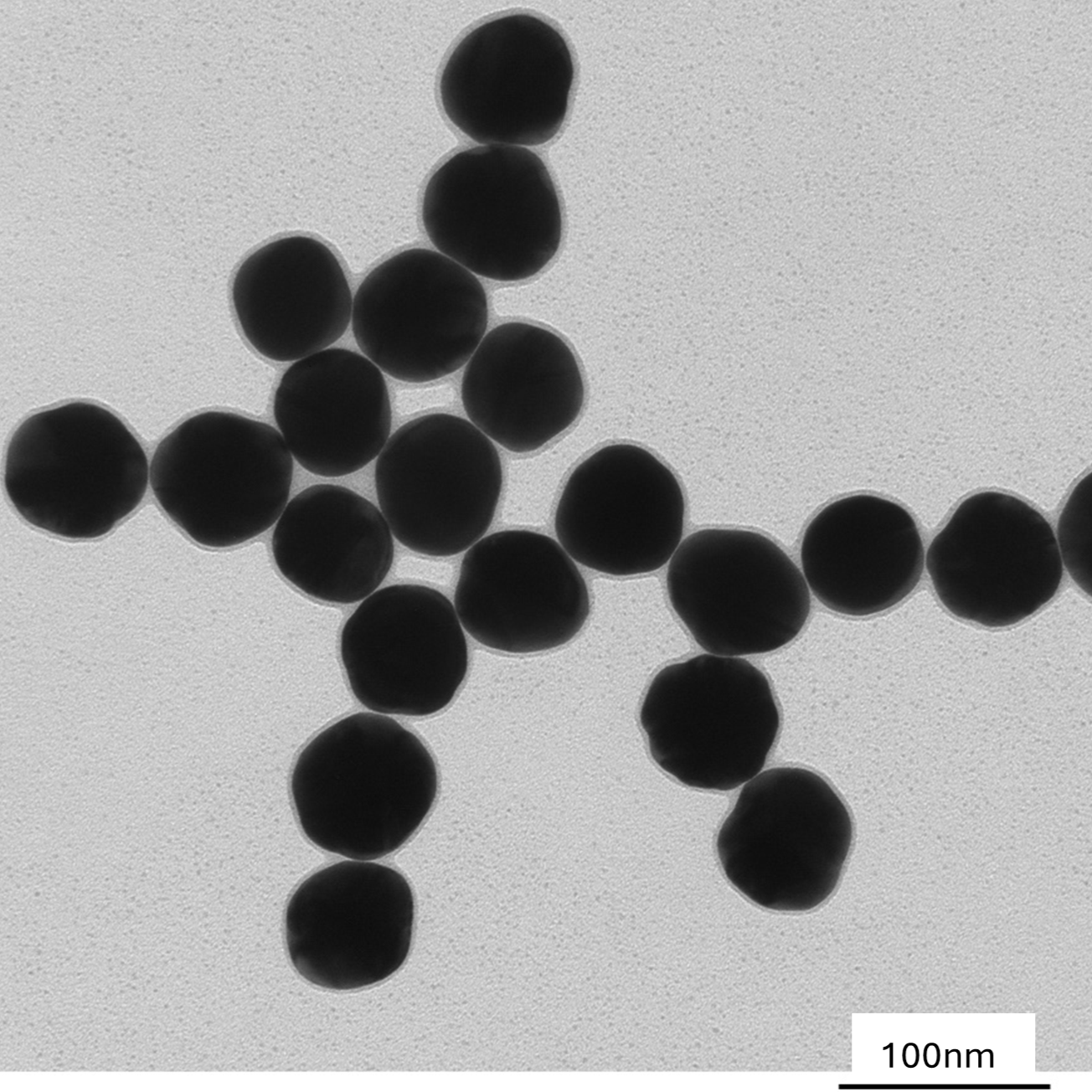 TEM image confirming absence of aggregates in the 60 nm gold nanoparticle sample, particles well separated on the grid.

