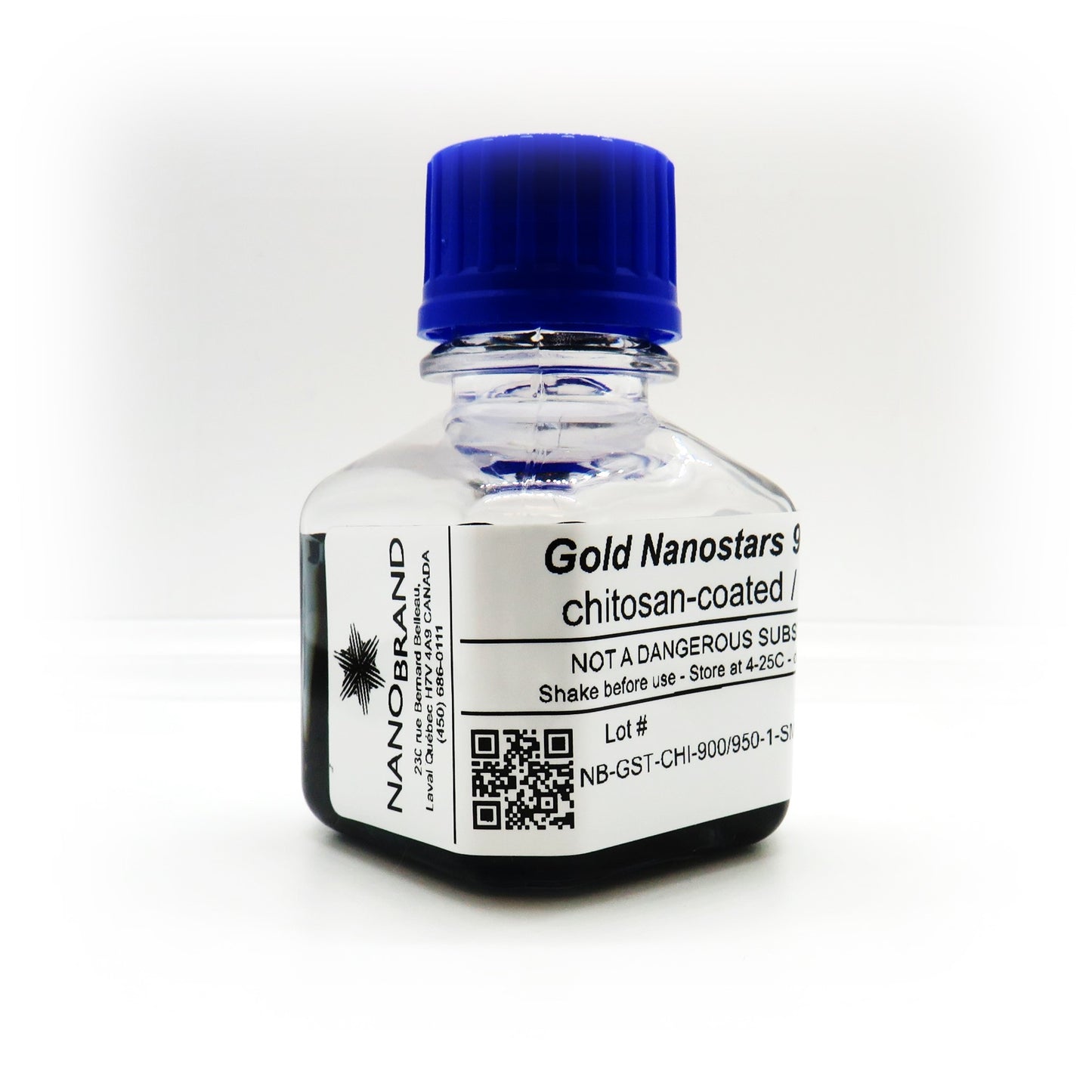 Labeled bottle of NanoBrand 60 nm gold nanostars ready for use.

