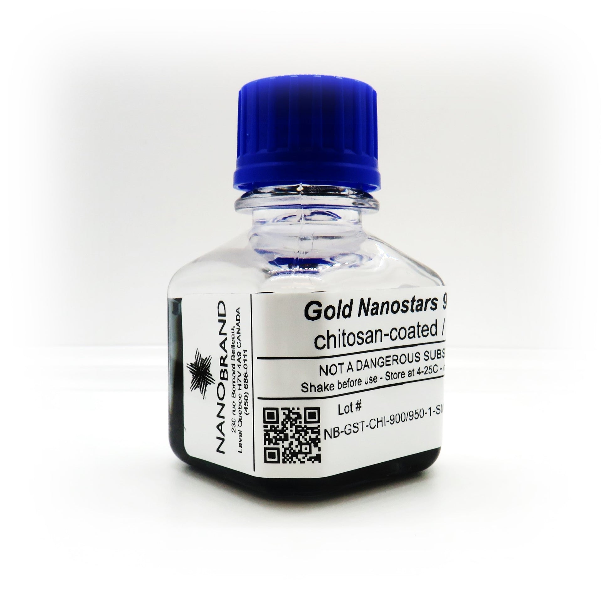 Labeled bottle of NanoBrand 60 nm gold nanostars ready for use.

