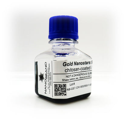 Labeled bottle of NanoBrand 60 nm gold nanostars ready for use.

