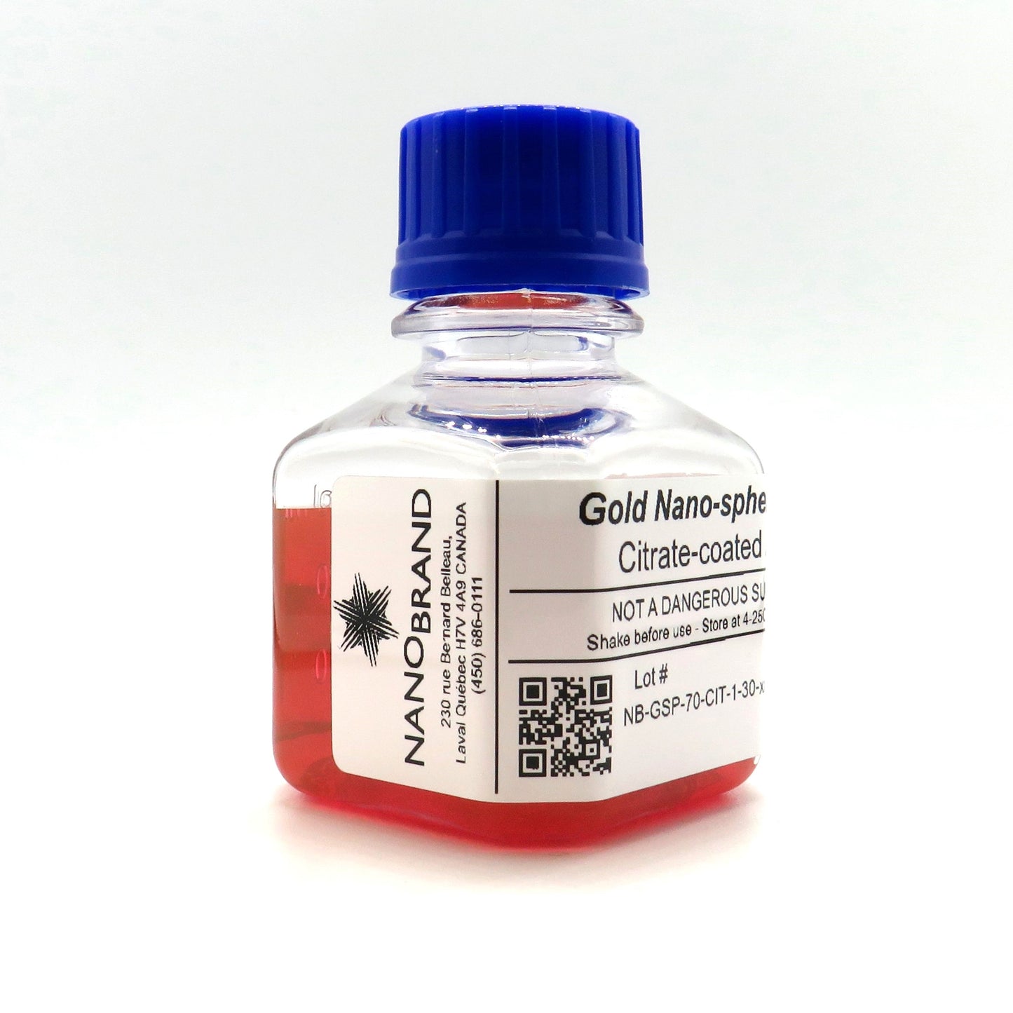 Labeled bottle of 70 nm citrate coated gold nanoparticles ready for use.

