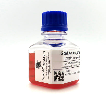 Labeled bottle of 70 nm citrate coated gold nanoparticles ready for use.


