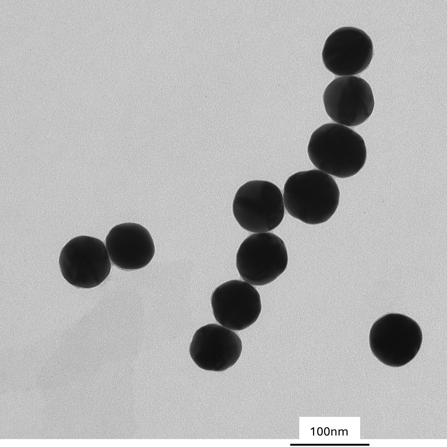 TEM image confirming absence of aggregates in the 70 nm gold nanoparticle sample, particles well separated on the grid.
70nm-citrate-gold-nanoparticles-tem-grid
