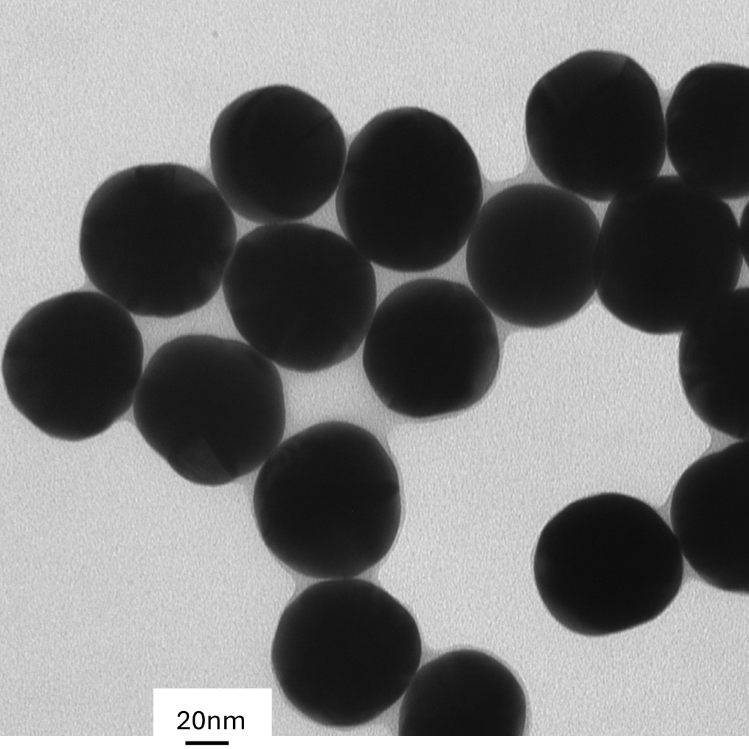 TEM image of a monolayer of 70 nm gold nanospheres used for size measurement and particle counting.

