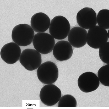 TEM image of a monolayer of 70 nm gold nanospheres used for size measurement and particle counting.

