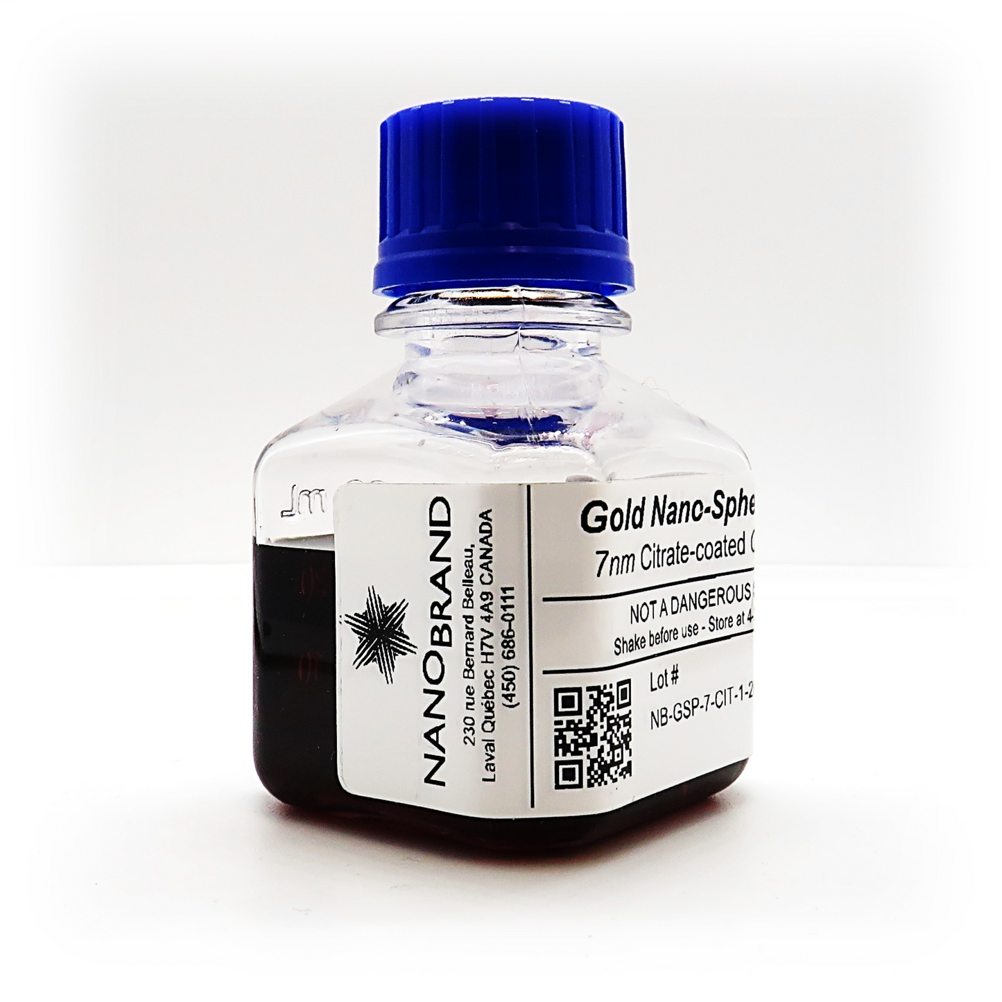 Labeled bottle of NanoBrand 7 nm citrate‑coated gold nanoparticles ready for use.