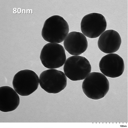 TEM overview of 80 nm IVD-READY gold nanospheres showing homogeneous dispersion and consistent particle size

