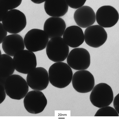 TEM overview of 80 nm PEG-coated gold nanospheres showing homogeneous dispersion and consistent particle size.

